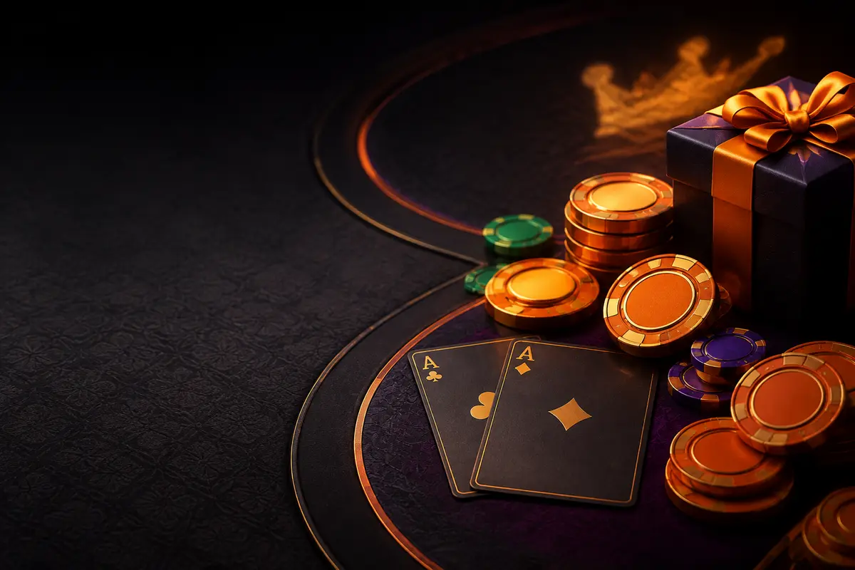 Orange and gold casino chips, playing cards and a purple gift arranged on a dark gaming table.
