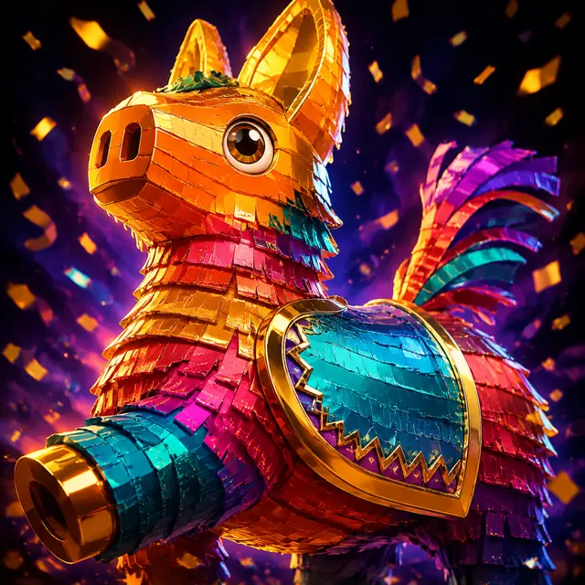 Golden orange pinata with turquoise and violet accents.